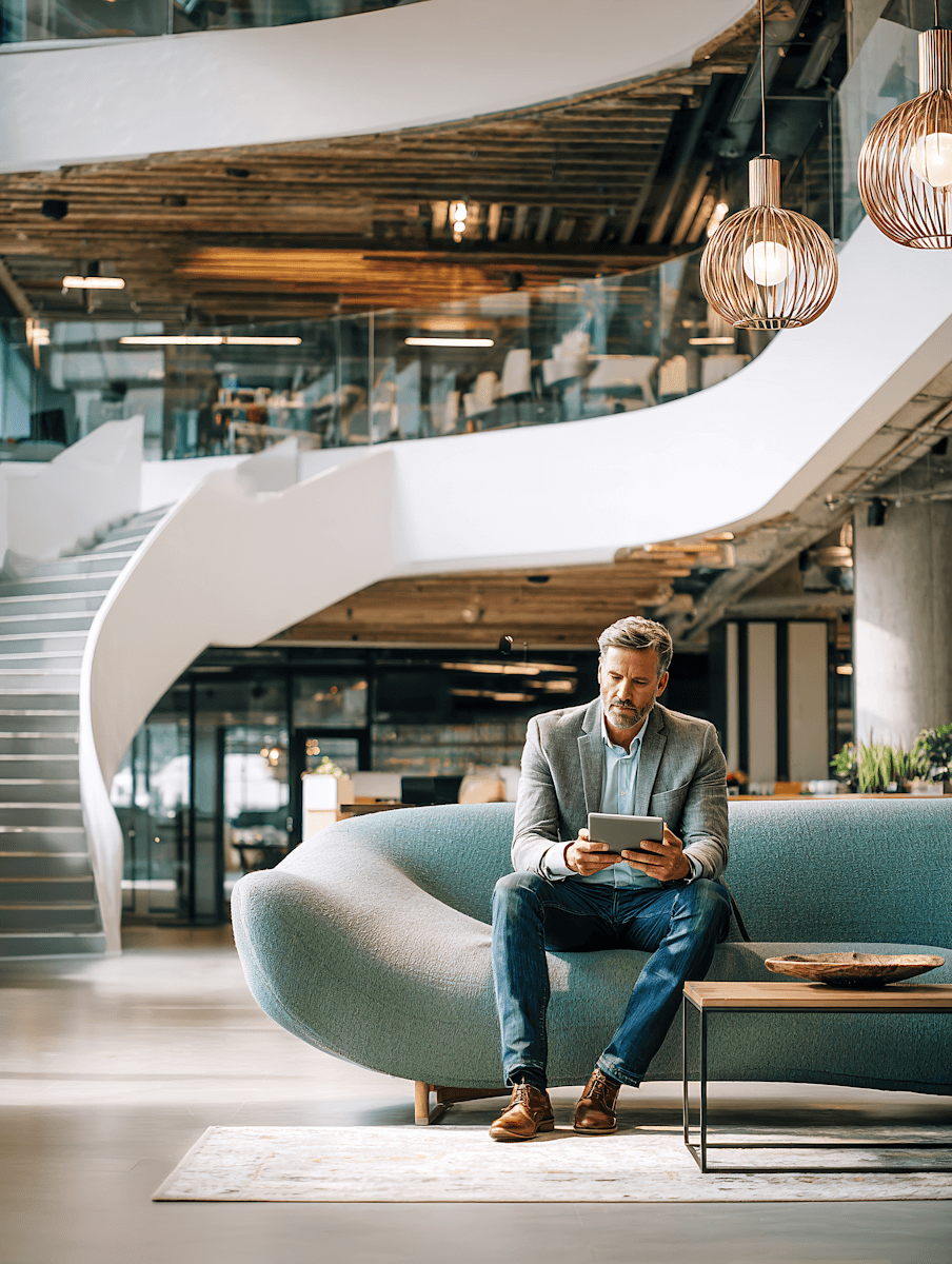 Dirigeant en bureau moderne, consultation sur tablette